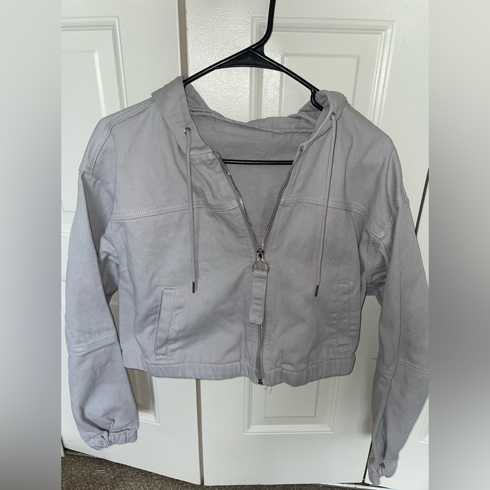 Hooded Crop Denim Jacket - Purple